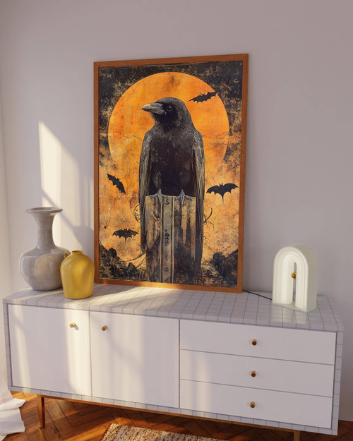 Spooky moon Halloween canvas with raven and bats in dark gothic style, silver full moon over barren tree, portrait wall decor | Family Wall Decor