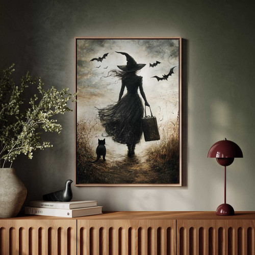 Halloween witches canvas wall art in midnight blues with crescent moon and three witches, ideal for gothic living rooms | Family Wall Decor