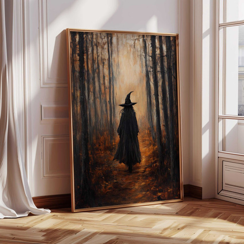 Halloween witches canvas wall art featuring a dark forest path and lone witch hat, gothic palette, landscape orientation | Family Wall Decor
