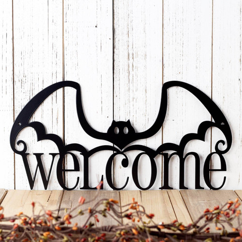 Halloween bat welcome outdoor metal sign personalized with family name, black powder-coated wall decor for front porch | Familywalldecor