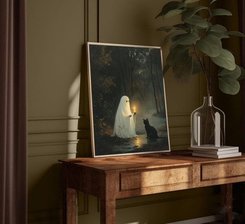 Halloween ghost poster wall art, 8x10 unframed vintage print for charming spooky decor in bedroom or living room | Family Wall Decor