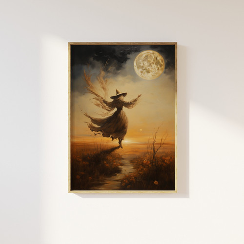 Halloween witch canvas art with crescent moon, sepia vintage texture, portrait orientation, glow for living room decor | Family Wall Decor