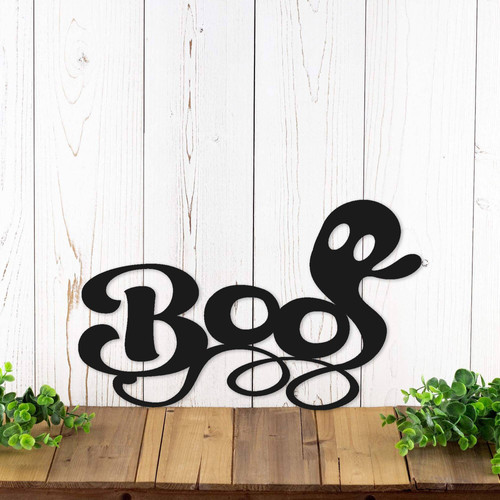 Halloween outdoor metal wall art sign featuring a ghost and Boo lettering for spooky yard, porch, or fence décor | Familywalldecor
