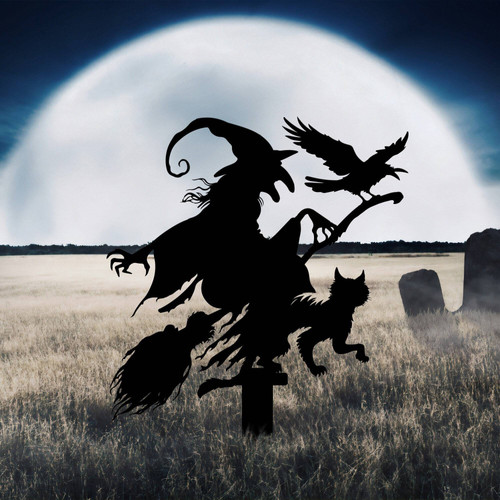 Spooky witch with broomstick metal sign for Halloween garden decor featuring cat and crow design, outdoor yard accent | Familywalldecor