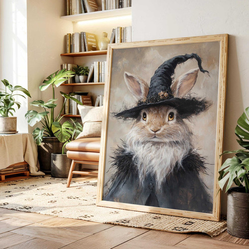 Spooky witch rabbit canvas in cottagecore gothic style, portrait with moonlit forest, witch hat and broom for Halloween | Familywalldecor