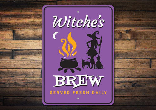 Personalized Halloween witches brew sign with bubbling cauldron, gothic script on black tin, landscape, spooky kitchen decor | Familywalldecor