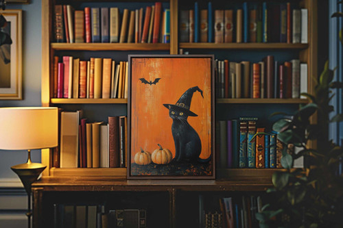 Halloween witch cat canvas wall art with black cat in a witch hat by a spooky pumpkin, for cat lovers’ witchy decor | Family Wall Decor