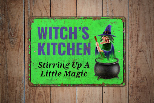 Halloween witches metal sign in rustic vintage style for witch's kitchen decor, distressed wall plaque for seasonal charm | Familywalldecor