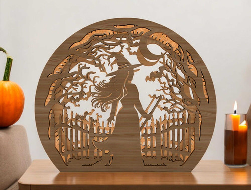 Halloween witches layered wooden wall sign with cutout broom silhouettes and moon, fall decor for entryway or mantel | Familywalldecor