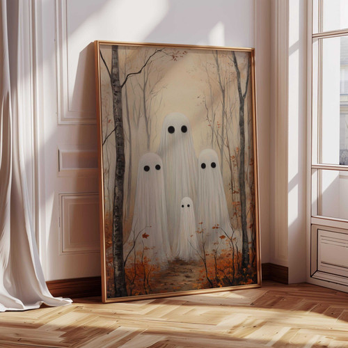 Whimsical ghost family canvas art, personalized with family and kids' names for cute Halloween nursery wall decor. | Family Wall Decor