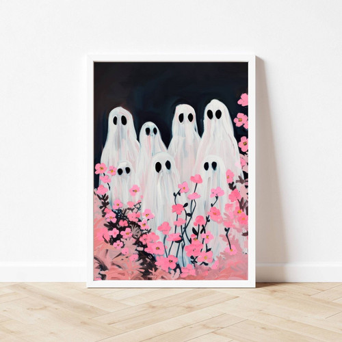 Ghost family canvas wall art with pink flowers and gold stars, portrait for girls' bedroom decor, spooky-cute style | Family Wall Decor