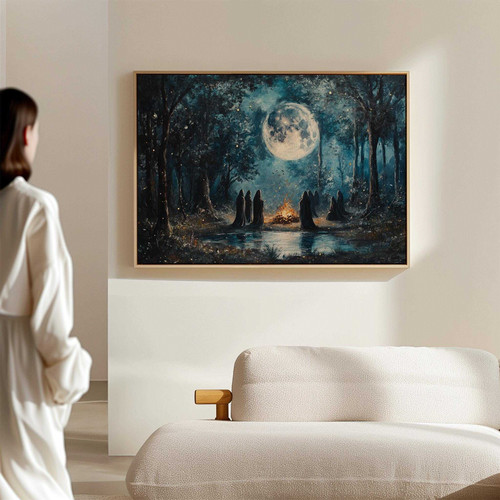 Halloween moon canvas art, mystical landscape with bats and pines, personalized with names for living room wall decor | Family Wall Decor