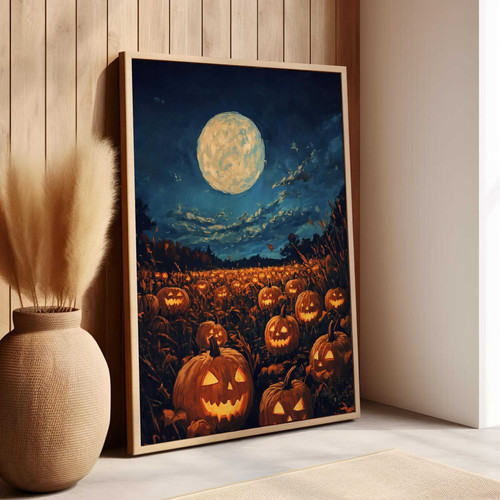 Halloween canvas art with mystical moon and glowing jack-o'-lanterns, personalized with name for living room decor | Family Wall Decor