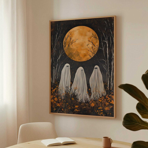 Three ghosts under a harvest moon Halloween canvas wall art for cottagecore decor, cozy autumn accent for living room walls | Family Wall Decor