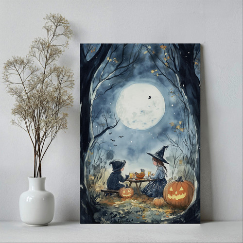 Whimsical moon Halloween canvas wall art with smiling crescent, stars, and bats; cute pastel nursery decor for kids room | Family Wall Decor