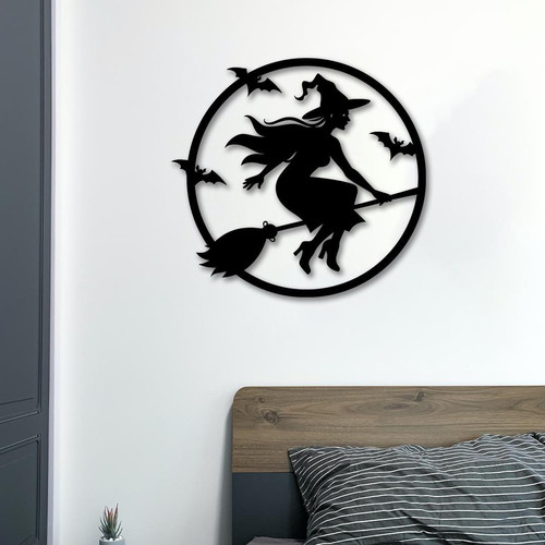 Spooky moon Halloween metal sign with flying witch silhouette and bats, wall decor for front porch or entryway | Family Wall Decor