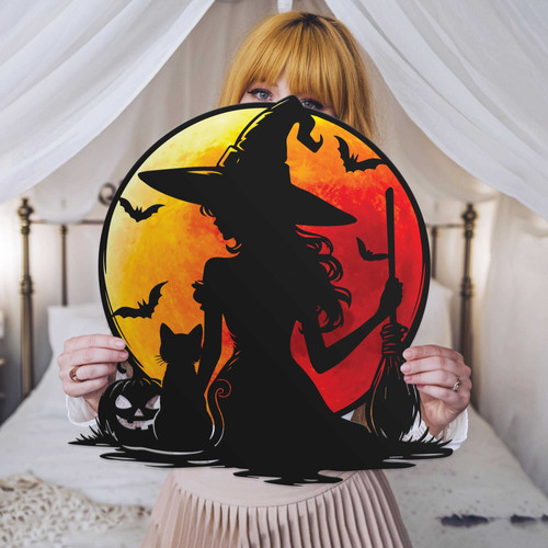 Halloween witch and cat metal sign with blood moon silhouette, indoor wall decor, round design, Halloween birthday gift | Family Wall Decor