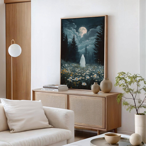 Mystical moon Halloween canvas art featuring a haunted forest under a full moon with wildflowers, living room wall decor | Family Wall Decor