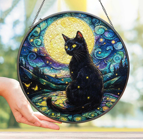 Celestial black cat suncatcher window ornament with moon and stars, mystical gothic Halloween decor for living room windows | Familywalldecor