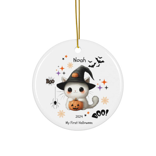 Baby's First Halloween ornament in ceramic with pumpkin design, personalized with baby name and year, gift for newborn. | Familywalldecor