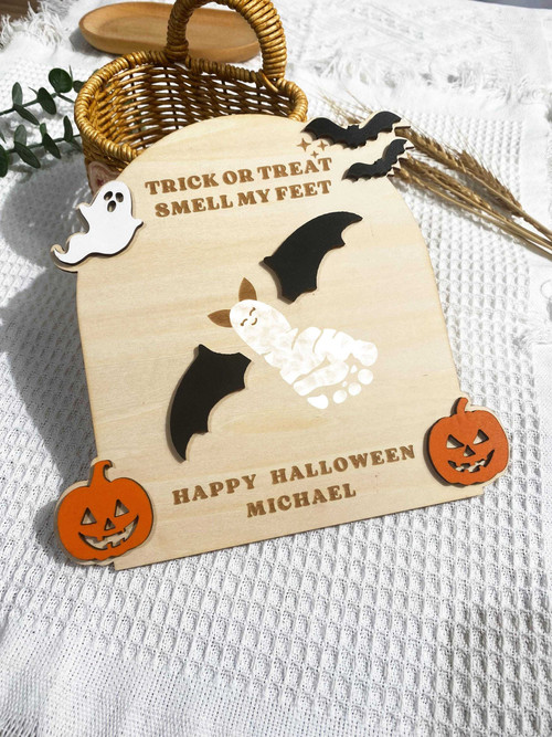 First Halloween wood sign personalized for baby, keepsake décor with name and date, wood finish for nursery or photo prop | Family Wall Decor