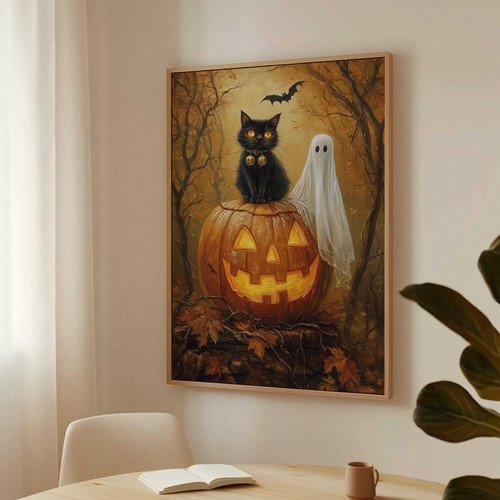 Vintage black cat Halloween canvas with jack-o’-lantern, distressed gothic art for cozy fall living room wall decor | Familywalldecor