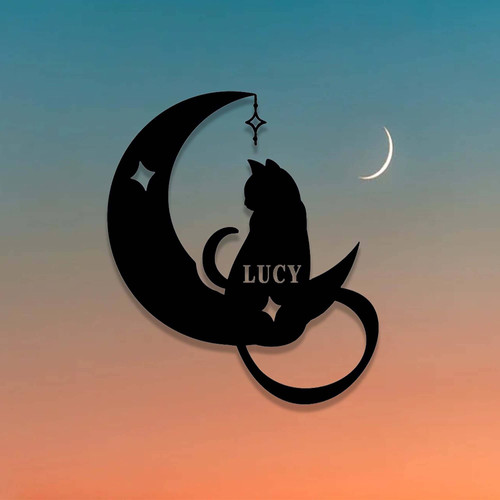 Black cat on crescent moon metal sign, personalized Halloween celestial wall decor for porch or entryway with star accents. | Family Wall Decor