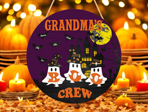 Boo Crew Halloween wood sign for grandma, ghost family design with personalized grandkids' names, fall front door decor | Familywalldecor