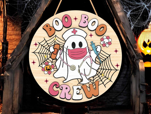 Ghost Halloween wooden door hanger sign with Boo Crew nurse theme, funny healthcare worker decor for clinic or front door | Family Wall Decor