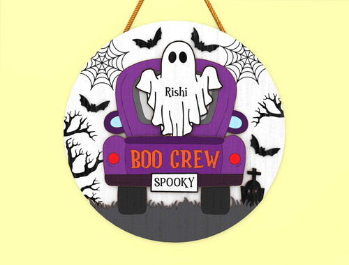 Halloween Boo Crew wood sign with custom ghost family and names, personalized door decor for front entry during spooky season | Family Wall Decor