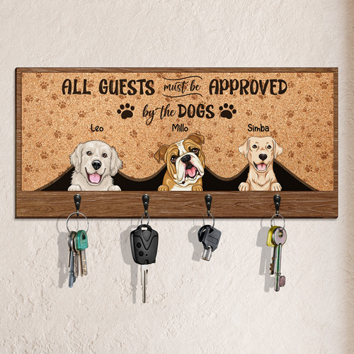 Pet lovers personalized door key holder with All Guests Must Be Approved By The Pets text, custom pet names, entryway decor | Familywalldecor