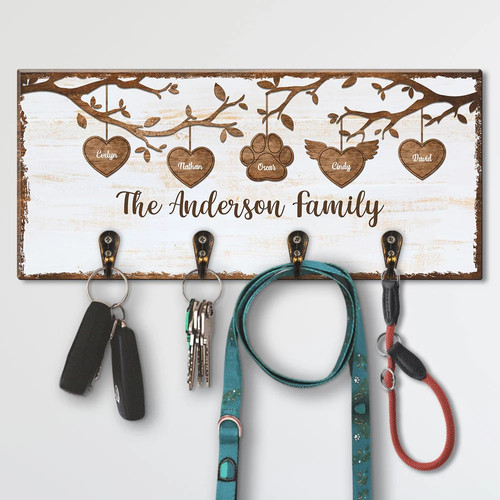Family tree key wall holder, personalized with family and pet names, with hooks; ideal gift for pet lovers' entryway. | Familywalldecor