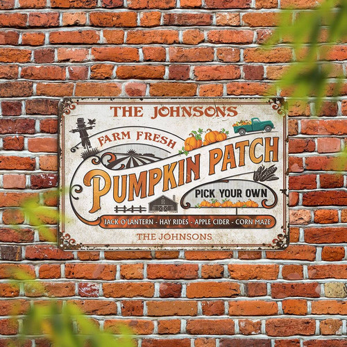 Pumpkin patch metal sign personalized with family name, rustic farmhouse fall decor and Halloween gift for porch or entryway | Family Wall Decor
