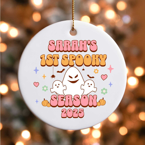 Spooky first Halloween ornament personalized with baby name and year, round ceramic keepsake for new parents’ Halloween tree | Familywalldecor