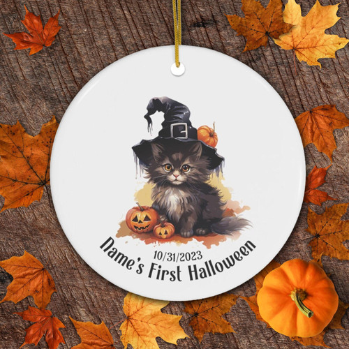 Witchy kitten ceramic ornament, personalized with baby’s name and year, Baby’s First Halloween keepsake gift for new parents | Familywalldecor