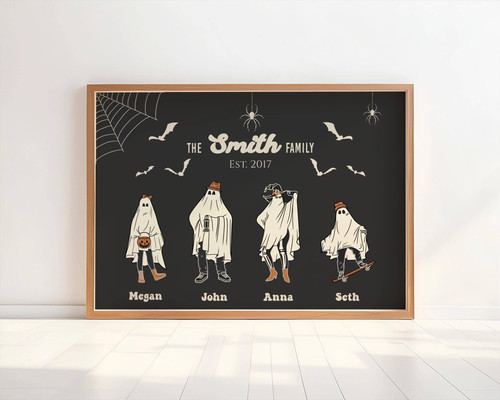 Halloween ghost family portrait canvas art with personalized family name and year, bats and moon, spooky living room decor | Familywalldecor