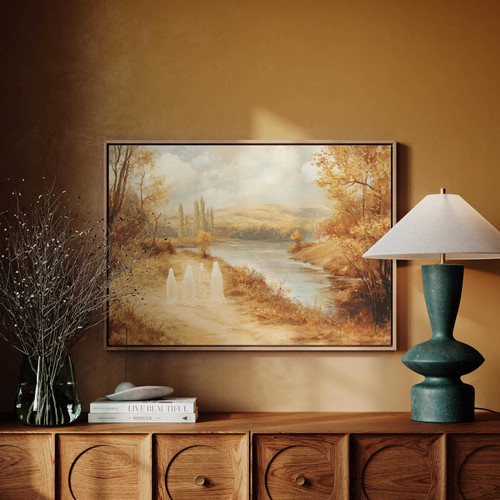 Ghost family canvas in spooky Halloween cottagecore style, cozy wall art for living room decor with warm neutral tones | Familywalldecor