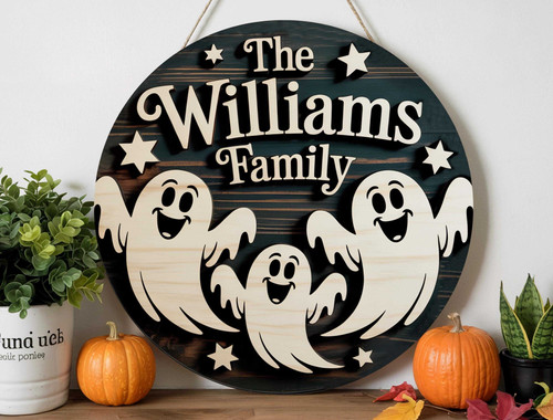 Halloween wooden door plaque with ghost family and star accents, personalized with your family name for front door decor | Family Wall Decor