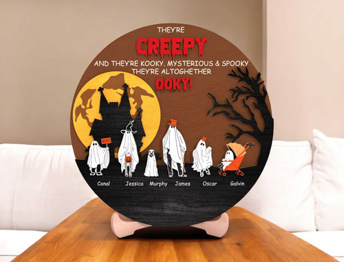 Ghost family wood sign for Halloween, personalized wall decor with custom names on ghosts, spooky wooden accent for home | Familywalldecor
