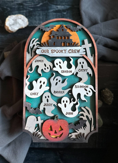 Halloween ghost family sign, personalized with 2–10 family members, spooky home decor for entryway or mantel display | Family Wall Decor