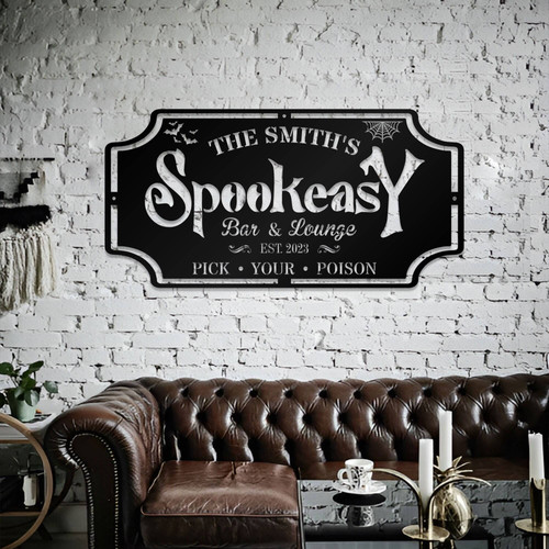 Spooky Halloween outdoor metal sign for bar or lounge decor, personalized with bar name and established date, creepy theme | Familywalldecor