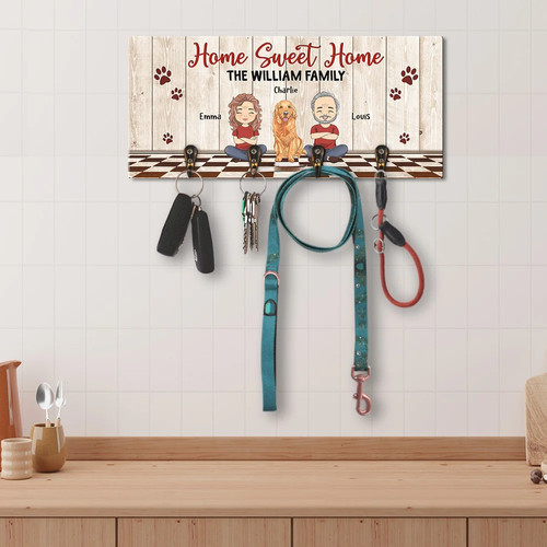 Home Sweet Home key holder for new homes, wall-mounted entryway rack with hooks, personalized with family and pet photo | Familywalldecor