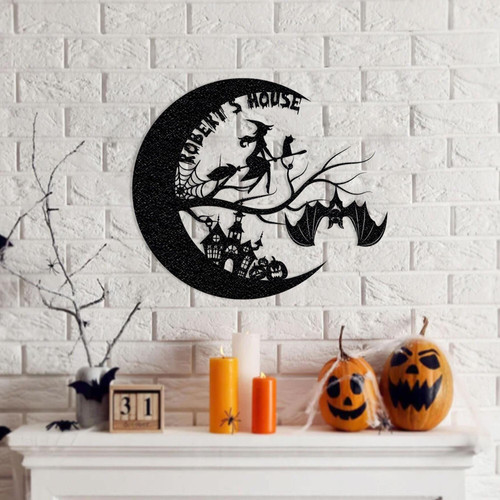 Witch and bat moon Halloween metal sign, personalized with family name, spooky entryway decor, powder-coated steel wall art | Family Wall Decor