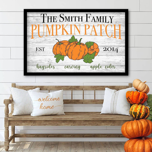 Pumpkin patch canvas sign personalized with family name and established date, rustic fall decor, new home housewarming gift | Familywalldecor