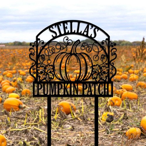 Pumpkin patch metal sign, rustic fall yard art with cutout pumpkins and welcome text, personalized family name for porch | Family Wall Decor