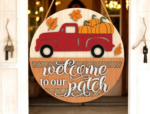Rustic pumpkin patch welcome sign, personalized, with red truck and pumpkins for autumn farmhouse porch or entry decor. | Familywalldecor