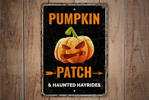 Pumpkin patch metal sign with rustic vintage typography, weathered finish, Halloween decor for indoor or outdoor | Family Wall Decor UK