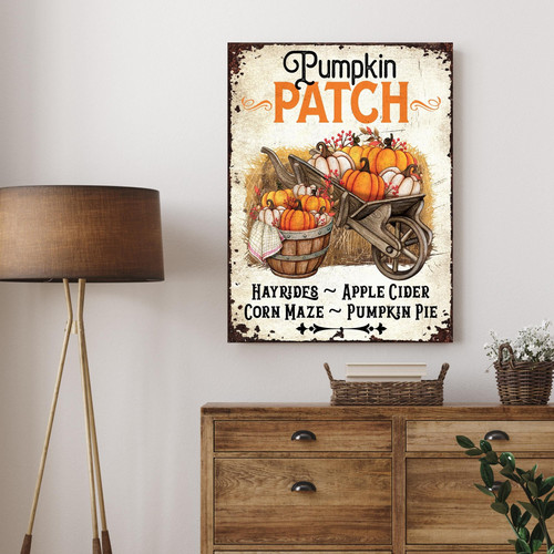 Nostalgic Pumpkin Patch metal sign with vintage distressed typography and pumpkins, fall wall decor for entryway or kitchen | Family Wall Decor UK
