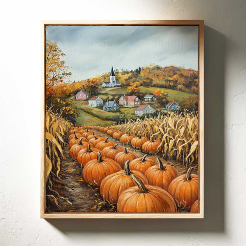 Pumpkin patch canvas art with rustic church and cornfield at sunset, panoramic horizontal wall decor for living room | Family Wall Decor