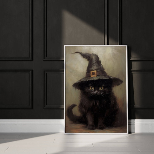 Black cat canvas wall art in rustic style with distressed texture, full moon and bats, Halloween decor for spooky season | Family Wall Decor